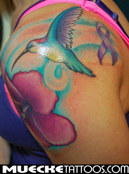 Tattoos - Hummingbird Cancer Ribbon Tattoo - 70815